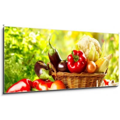 Skleněný obraz 1D panorama - 120 x 50 cm - Fresh Organic Bio Vegetable in a Basket over Nature Background Čerstvé organické bio zeleniny v koši nad přírodou pozadí – Zbozi.Blesk.cz