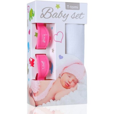 T-Tomi Baby set bambusová osuška white / bílá + kočárkový kolíček pink / růžová 331 – Hledejceny.cz