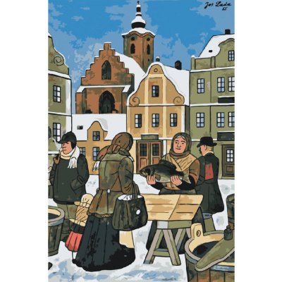 MALUJEŠ Malování podle čísel - JOSEF LADA - VÁNOČNÍ KAPR 1955 Rozměr: 60x90 cm, Rámování: vypnuté plátno na rám – Zboží Mobilmania
