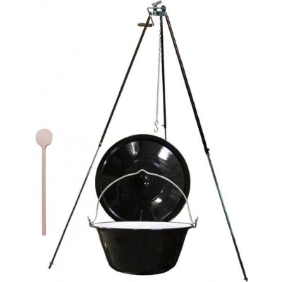 Perfect Home kotlík na guláš smalt 20 l 1,2 mm Speciální teleskopická trojnožka s pojistnou kladkou na kotlík poklice smalt 49 cm Vařečka dřevo smrk 50 cm – Zboží Dáma