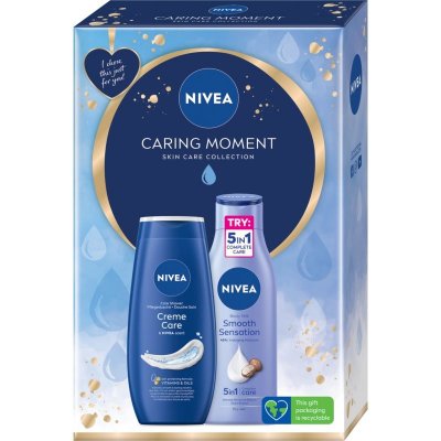 Nivea Caring Moments Smooth Sensation vyživující tělové mléko 400 ml + Creme Care krémový sprchový gel 250 ml kosmetická sada
