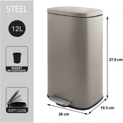 Spirella pedálový odpadkový koš AKIRA, matná šedohnědá ocel, soft-close, 12 L 10_21561 – Zboží Dáma