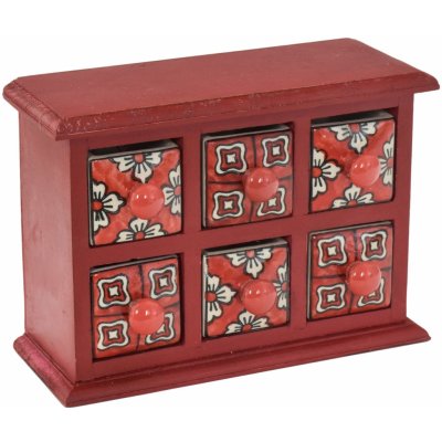 Sanu Babu červená dřevěná skříňka s 6 keramickými šuplíky ručně malovaná 18 x 10 x 25 cm – Zboží Dáma