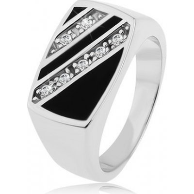 Šperky eshop Stříbrný prsten 925 obdélník šikmé linie čirých zirkonů černá glazura S83.16 – Zboží Mobilmania