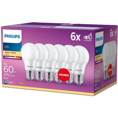 Philips 6x LED žárovka E27 A60 7W = 60W 806 lm 2700K teplá bílá – Hledejceny.cz