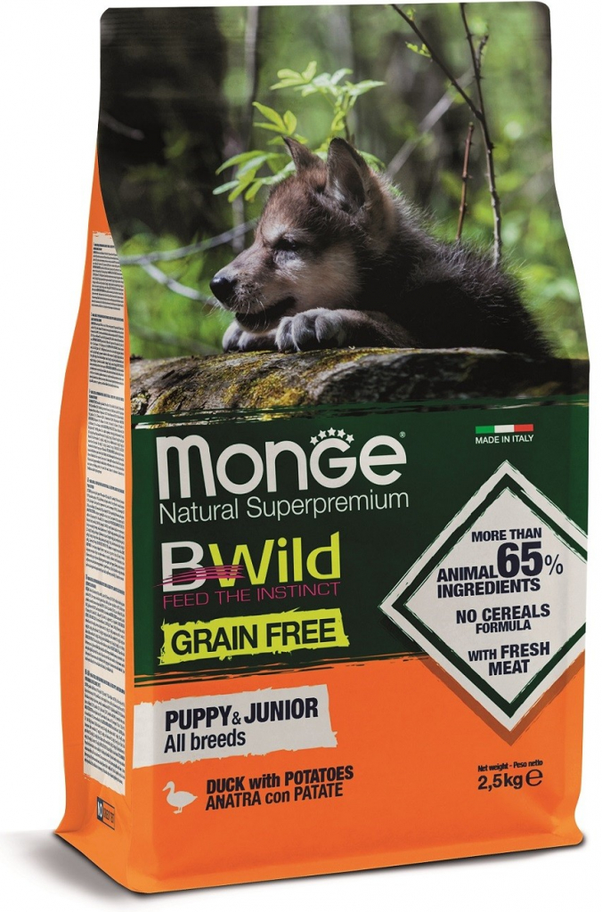 Monge BWild Grain Free Puppy & Junior All Breeds kachna s bramborem 2,5 kg