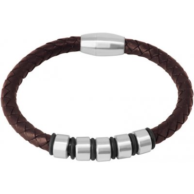 Šperky Eshop Tmavohnědý kožený zapletená šňůrka s kovovými válečky a gumičkami magnetické zapínání S40.17