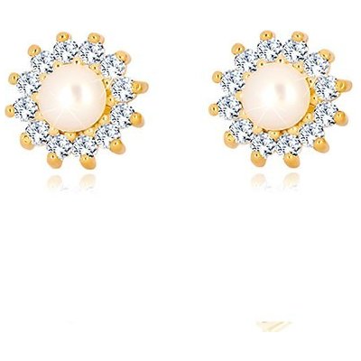 Šperky eshop zlaté náušnice třpytivý zirkonový květ perla bílé barvy puzetky GG39.31