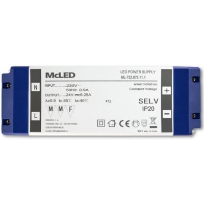 zdroj napájecí pro LED pásky 24V DC 150W (6,25A) IP20 ML-732.075.11.1 plast. se svorkovnicí – Zboží Mobilmania