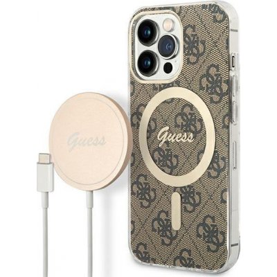 Pouzdro Guess 4G Print MagSafe set + nabíječka iPhone 13 Pro - hnědé