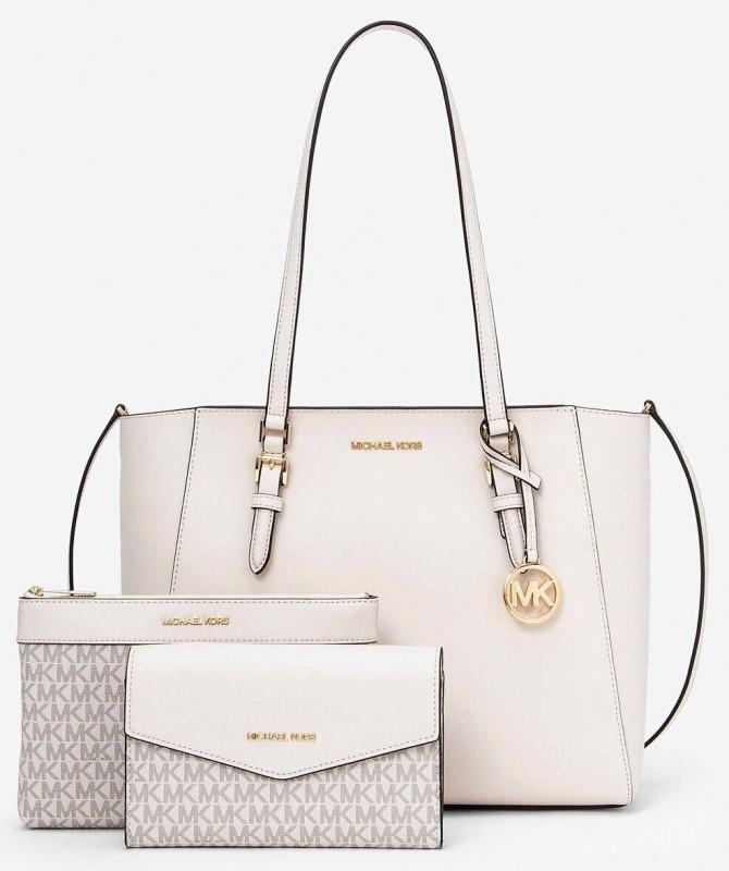 Michael Kors kožená kabelka Charlotte large 3 v 1 light cream multi