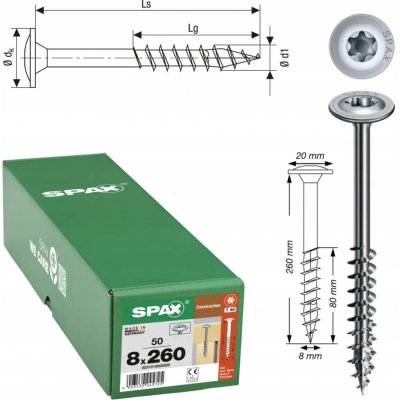 SPAX vrut pro dřevostavby 8.0x260 částečný závit Torx 40 Wirox stříbrný (50 ks) – Hledejceny.cz