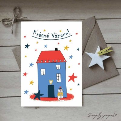 Vánoční přání s obálkou - Modrý domek – Zboží Dáma