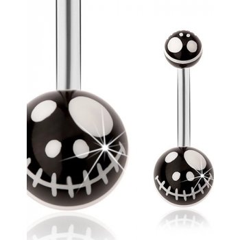 Šperky eshop ocelový piercing do pupíku černé kuličky motiv kreslené lebky z pohádky SP30.06