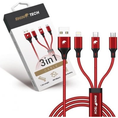 RhinoTech RTACC476 nabíjecí a datový, 3v1 USB-A (MicroUSB + Lightning + USB-C), 1,2m, červený – Zboží Mobilmania