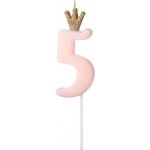 PartyDeco Svíčka na dort s korunkou “5” SVĚTLE RŮŽOVÁ 9,5 cm – Sleviste.cz