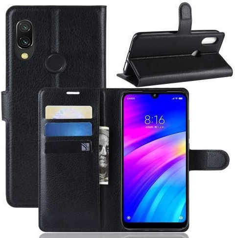 Pouzdro Litchi PU kožené peněženkové Xiaomi Redmi 7 - černé