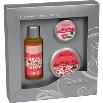 Saloos Erotika masážní olej 50 ml + Bio Karité Erotika balzám 50 ml + Bio Karité balzám na rty 19 ml dárková sada