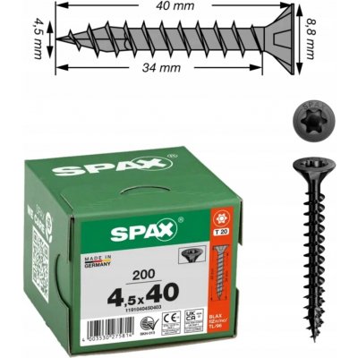 Vruty do dřeva SPAX 4,5x40 mm, Torx, plný závit, zápustná hlava, černé, 200 ks – Hledejceny.cz