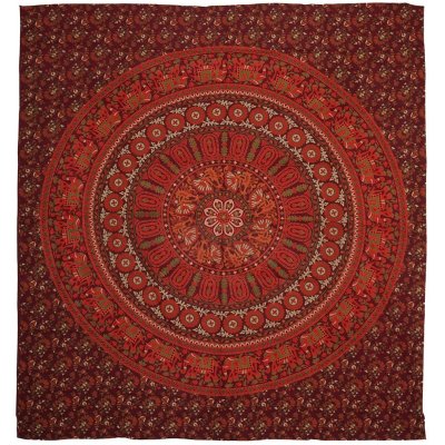 BOB Batik přehoz na postel indický Květy a sloni sytě červený bavlna King size Dvoulůžko 225 x 200 cm