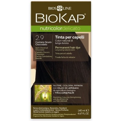 Biokap NutriColor Delicato permanentní barva na vlasy s arganovým olejem bez parfemace 2.9 Dark Chestnut Chocolate Tricorepair Complex 140 ml