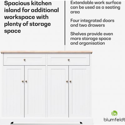 Blumfeldt Etsu, kuchyňský ostrůvek, výsuvná pracovní deska, 2 zásuvky, 4 dvířka, lze použít jako jídelní stůl, úložný prostor, snadno se čistí Bílá – Sleviste.cz