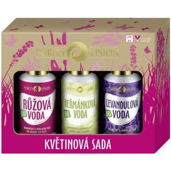 Purity Vision Květinová růžová voda s regeneračním účinkem 100 ml + jemná čisticí voda s heřmánkem 100 ml + zklidňující levandulová voda 100 ml dárková sada