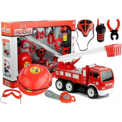 Lean Toys Sada hasičského hasicího přístroje hasičské auto helmy viděla 14 prvků