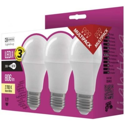 Emos LED žárovka Classic A60, 9W/60W E27, WW teplá bílá, 806 lm, Classic A+, 3 PACK – Zboží Mobilmania