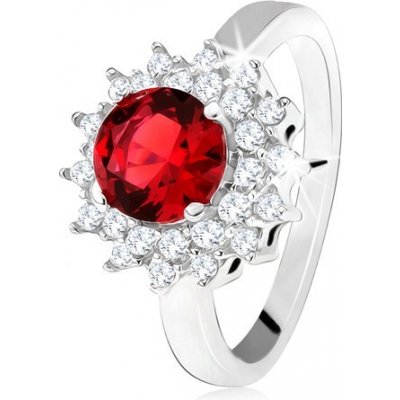 Šperky eshop prsten s červeným kulatým kamenem a čirými zirkonky sluníčko stříbro 925 SP33.21 – Zboží Mobilmania