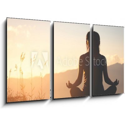 Obraz 3D třídílný - 90 x 50 cm - silhouette fitness girl practicing yoga on mountain silueta fitness dívka cvičí jógu na hoře – Zbozi.Blesk.cz