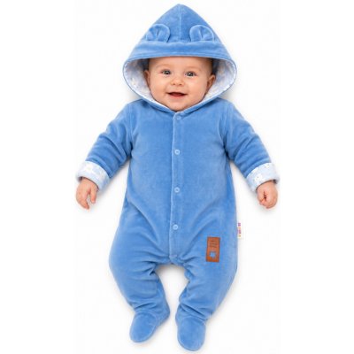 Baby Nellys Dvouvrstvý velurový overal s kapucí New Bunny modrý – Zboží Mobilmania