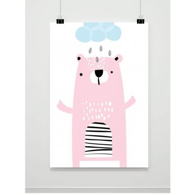 Dětský plakát na zeď s motivem medvěda v dešti ružová A4
