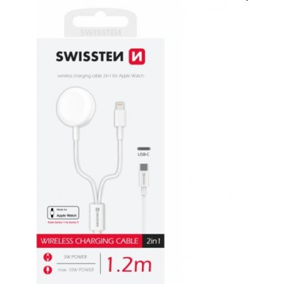 Swissten Nabíjecí magnetický kabel 2v1 pro Apple Watch a Lightning 1,2 m, bílý
