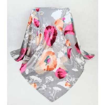 dámský květovaný hedvábný šátek 100% hedvábí růžové oranžové pivoňky květy šedý růžový