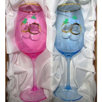 Lužické sklo Skleničky pro novomanžele/svatební skleničky na víno dekor Prsteny dárkové balení satén HG-414 460 ml 2 ks