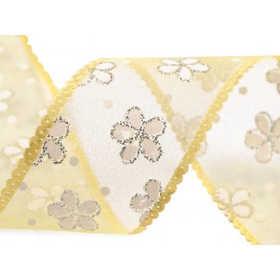 Organzová stuha s květy a glitry šíře 40 mm Varianta: 2 žlutá, Balení: 22.5 m – Hledejceny.cz