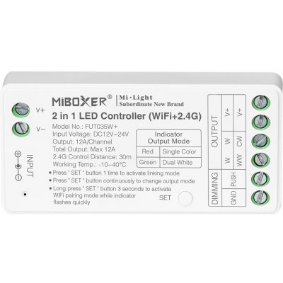 Mi-Light, WIFI LED přijímač 2v1 pro Jednobarevné/CCT pásky, Boxer, WIFI + 2,4Ghz, 12-24VDC, 12A, Mi-light, FUT035W+