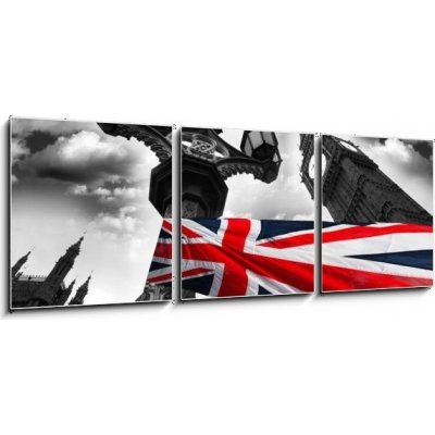 Obraz 3D třídílný - 150 x 50 cm - Big Ben with colorful flag of England, London, UK Big Ben s barevné vlajky Anglie, Londýn, Velká Británie