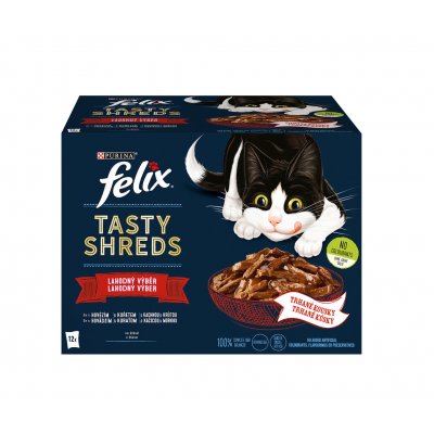 Felix Tasty Shreds s hovězím kuřetem kachnou krůtou ve šťávě 12 x 80 g – Zbozi.Blesk.cz