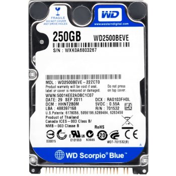 WD Scorpio Blue 250GB, 2,5", 8MB, 5400rpm, 12ms, WD2500BEVE