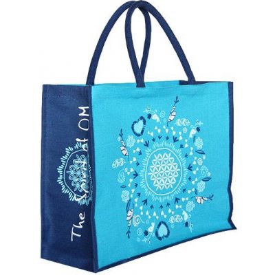 The Spirit of OM Nákupní jutová taška s květem života tyrkysovo-modrá