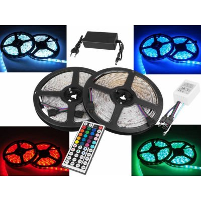 Sada: LED řetěz. RGB + W IP65 300 diod SMD5050 10m + ovladač + zdroj dálkový ovladač 44 tlačítek.