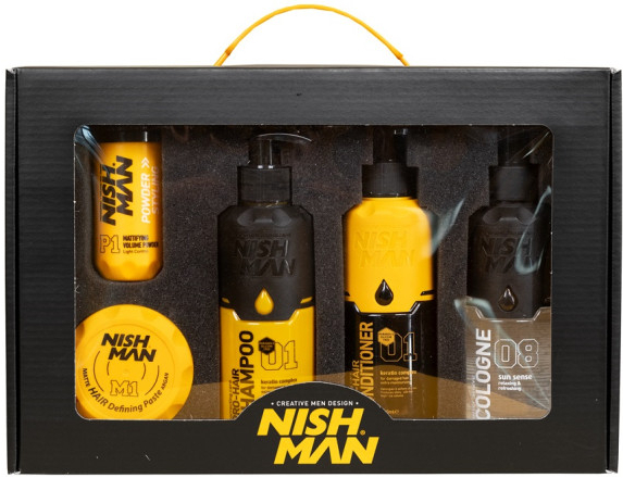 Nishman Yellow šampon 200 ml + EDC 200 ml + kondicionér 200 ml + pudr na vlasy 20g + matná pasta na vlasy 100 ml dárková sada