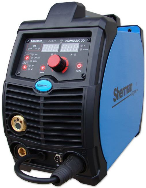 Sherman DIGIMIG 200 GD Synergy + Hořák + Zemnící kabel + Redukční ventil + Samostmívací kukla + Drát + Vozík + Plná lahev CO2