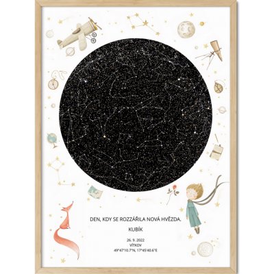 Jen tak z lásky Hvězdná mapa Vašeho životního okamžiku Rozměr plakátu: 50 × 70 cm (tištěný plakát), Barva pozadí: Malý princ, Volba rámu: Lípa dřevěný rám – Zboží Dáma