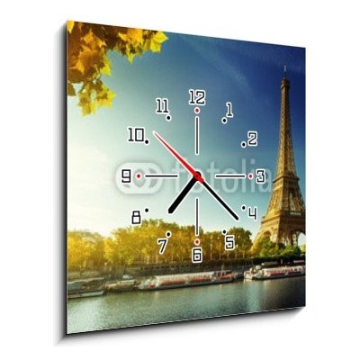 Obraz s hodinami 1D - 50 x 50 cm - Seine in Paris with Eiffel tower in autumn season Seine v Paříži s Eiffelovou věží v podzimní sezóně