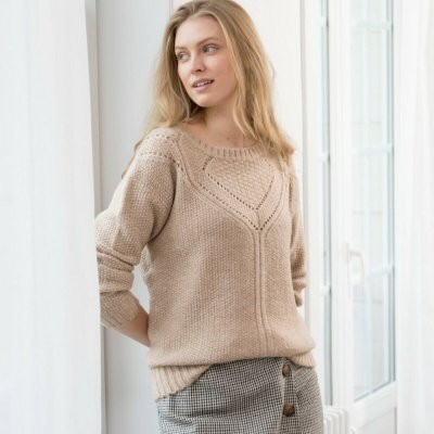 Pulovr s perličkovým vzorem a kulatým výstřihem béžový melír – Zboží Dáma