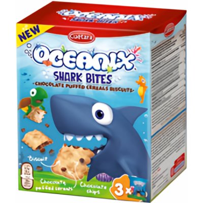 Cuétara Oceanix Shark Bites sušenky s čokoládovými lupínky a čokoládovými burizony 150 g – Zbozi.Blesk.cz