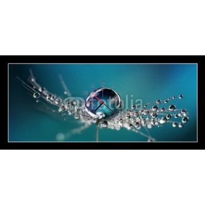 Obraz s hodinami 1D panorama - 120 x 50 cm - Beautiful dew drops on a dandelion seed macro. Beautiful soft light blue and violet background. Water drops on a parachutes